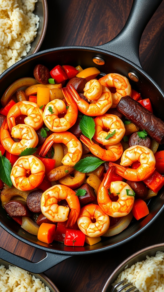 A flavorful shrimp and sausage skillet with bell peppers and onions, garnished with parsley, served on a wooden table with rice.